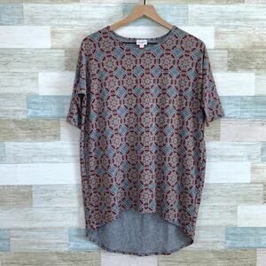 LuLaRoe Irma High Low Tunic Top Gray Red Kaleidoscope Print Womens XXS NWT